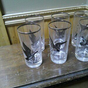 6 MCM BARWARE COLLINS HI BALL GLASSES SILVER RIMMED GAME BIRDS THEME